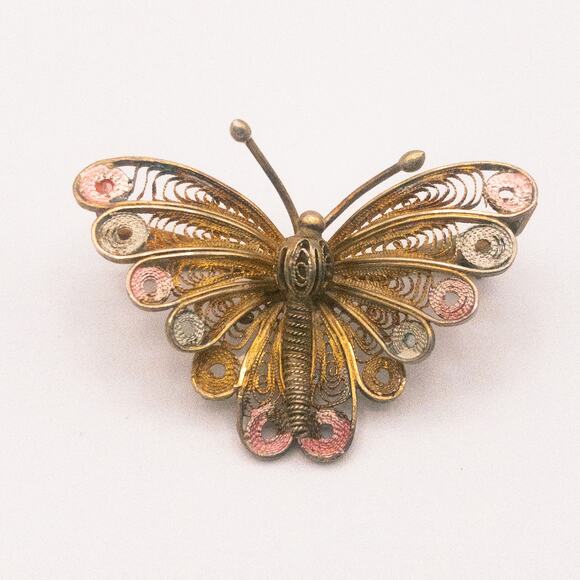 Vintage Butterfly Pin Goldtone Filigree Brooch Colorful Wing Tips Pink Blue